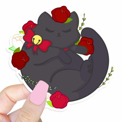 This image shows an hand-drawn adorable sticker, Floral Black Cat Sticker, which is available to purchase from HunnieByte.com