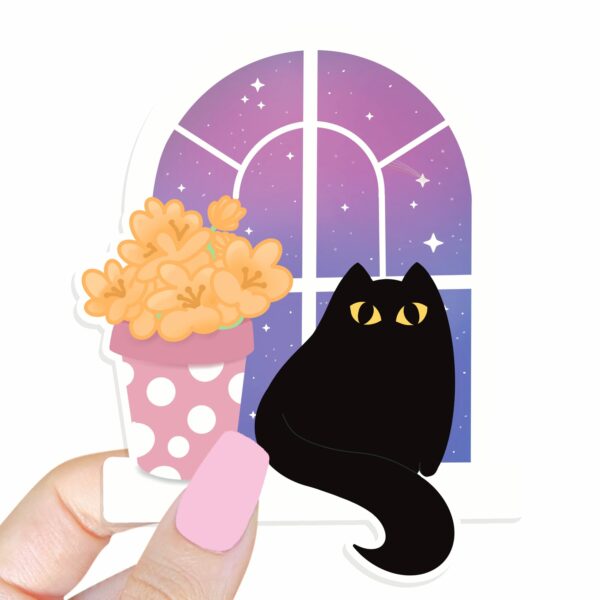 This image shows an hand-drawn adorable sticker, Black Cat Galaxy Window Sticker, which is available to purchase from HunnieByte.com