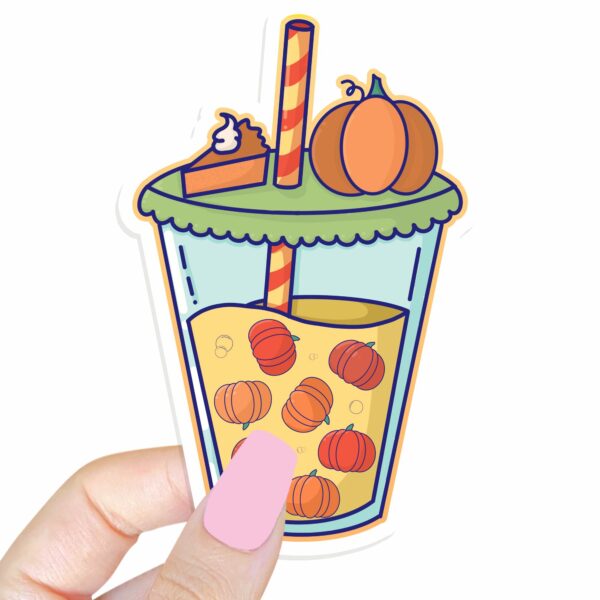 This image shows an hand-drawn adorable sticker, Pumpkin Boba Sticker, which is available to purchase from HunnieByte.com