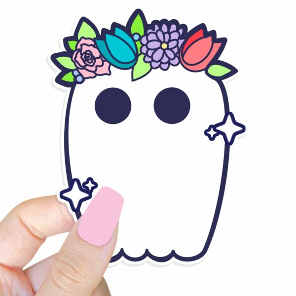 This image shows an hand-drawn adorable sticker, Bootiful Ghost Sticker, which is available to purchase from HunnieByte.com