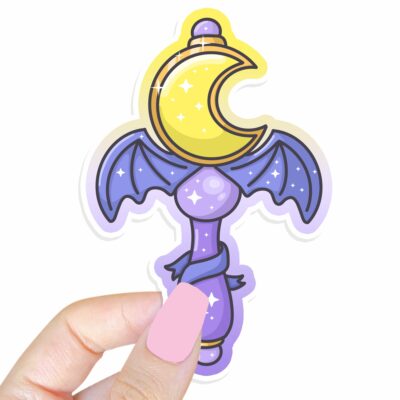 This image shows an hand-drawn adorable sticker, Magical Bat Moon Wand Sticker, which is available to purchase from HunnieByte.com