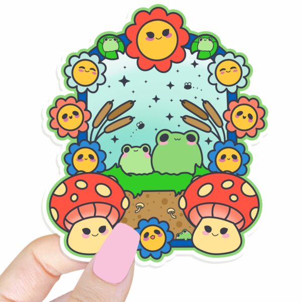 This image shows an hand-drawn adorable sticker, Frog Paradise Sticker, which is available to purchase from HunnieByte.com