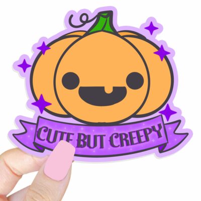 This image shows an hand-drawn adorable sticker, Cute But Creepy Pumpkin Sticker, which is available to purchase from HunnieByte.com