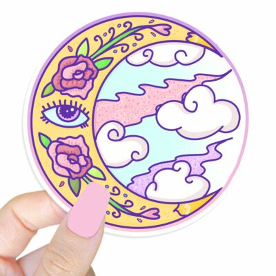 This image shows an hand-drawn adorable sticker, Mystical Moon and Clouds Sticker, which is available to purchase from HunnieByte.com