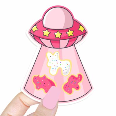 This image shows an hand-drawn adorable sticker, UFO Animal Cookie Sticker, which is available to purchase from HunnieByte.com