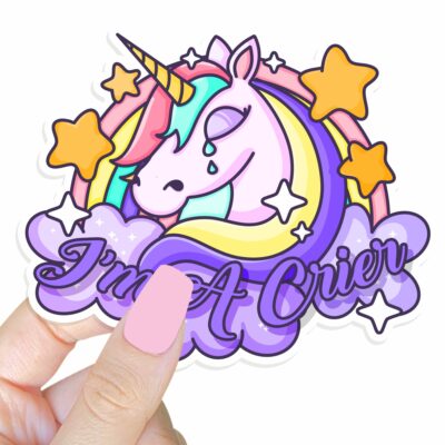 This image shows our adorable sticker finishes, Im A Crier Unicorn Sticker, which is available to purchase from HunnieByte.com