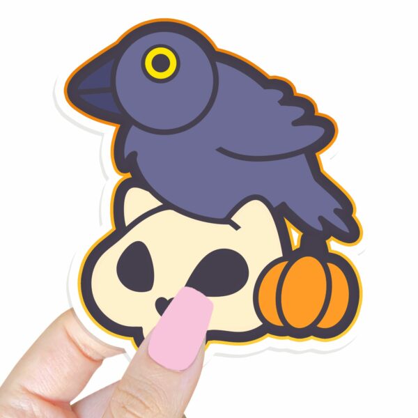 This image shows an hand-drawn adorable sticker, Crow and Skull Sticker, which is available to purchase from HunnieByte.com