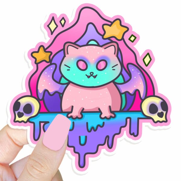 This image shows our adorable sticker finishes, Creepy Dripping Kitty Sticker, which is available to purchase from HunnieByte.com