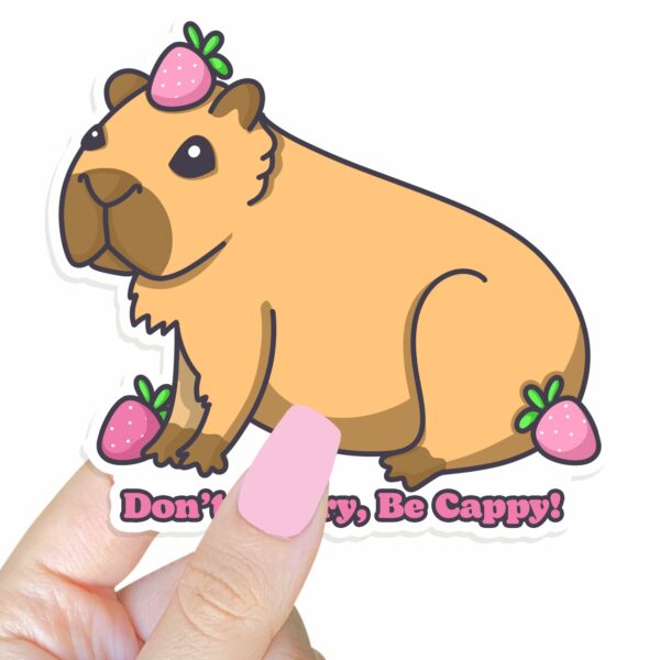 This image shows an hand-drawn adorable sticker, Dont Worry Be Cappy Sticker, which is available to purchase from HunnieByte.com