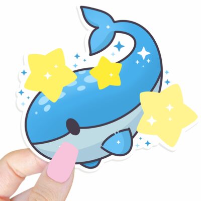 This image shows an hand-drawn adorable sticker, Dreamy Whale Sticker, which is available to purchase from HunnieByte.com