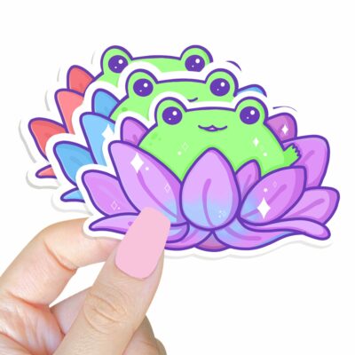 This image shows an hand-drawn adorable sticker, Lotus Frog Sticker, which is available to purchase from HunnieByte.com