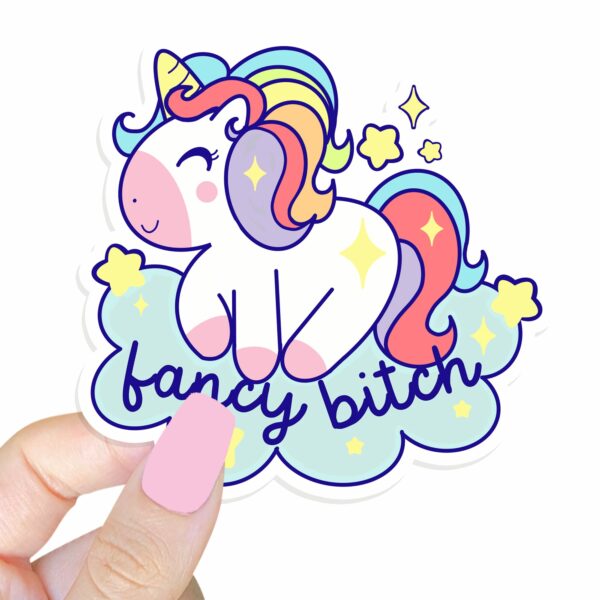 This image shows our adorable sticker finishes, Fancy Bitch Unicorn Sticker, which is available to purchase from HunnieByte.com