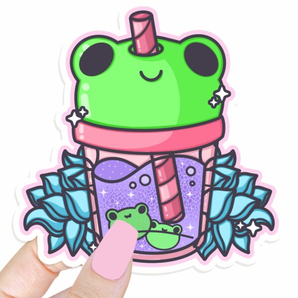 This image shows an hand-drawn adorable sticker, Frog Lotus Juice Sticker, which is available to purchase from HunnieByte.com