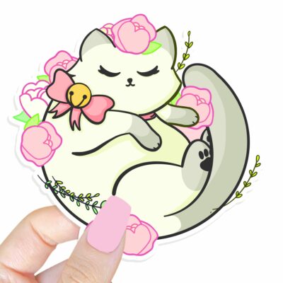 This image shows an hand-drawn adorable sticker, Floral White Kitty Sticker, which is available to purchase from HunnieByte.com