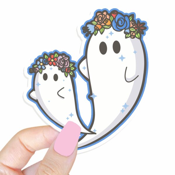 This image shows an hand-drawn adorable sticker, Floral Ghosts Sticker, which is available to purchase from HunnieByte.com