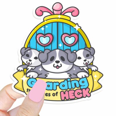 This image shows our adorable sticker finishes, Guarding The Gates Of Heck Sticker, which is available to purchase from HunnieByte.com