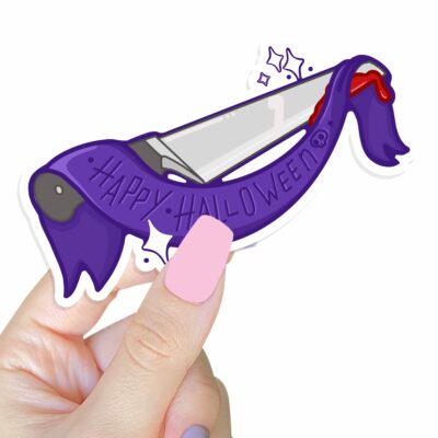 This image shows an hand-drawn adorable sticker, Happy Halloween Knife Sticker, which is available to purchase from HunnieByte.com