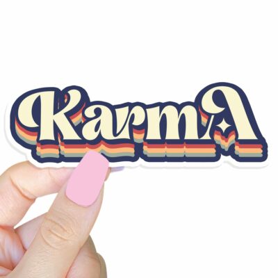 This image shows our adorable sticker finishes, Retro Karma Sticker, which is available to purchase from HunnieByte.com