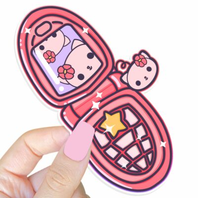 This image shows an hand-drawn adorable sticker, Flip Phone Fun Kitty Friend, which is available to purchase from HunnieByte.com