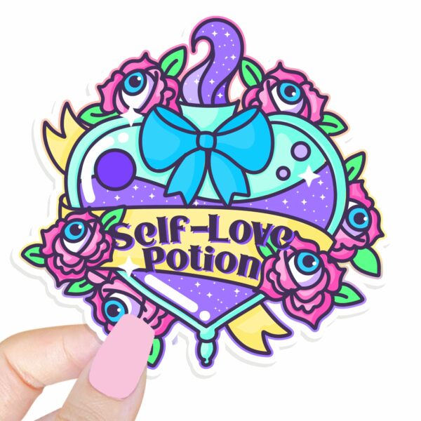 This image shows our adorable sticker finishes, Self Love Potion Sticker, which is available to purchase from HunnieByte.com