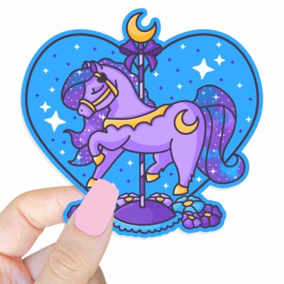 This image shows an hand-drawn adorable sticker, Carousel Horse Twinkle Moon Sticker, which is available to purchase from HunnieByte.com