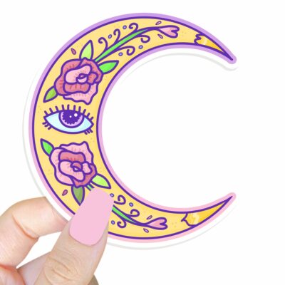 This image shows an hand-drawn adorable sticker, Mystical Moon Sticker, which is available to purchase from HunnieByte.com