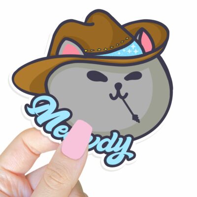 This image shows our adorable sticker finishes, Meowdy Meowboy Sticker, which is available to purchase from HunnieByte.com