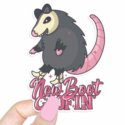 This image shows an hand-drawn adorable sticker, New Boot Goofin Possum Sticker, which is available to purchase from HunnieByte.com