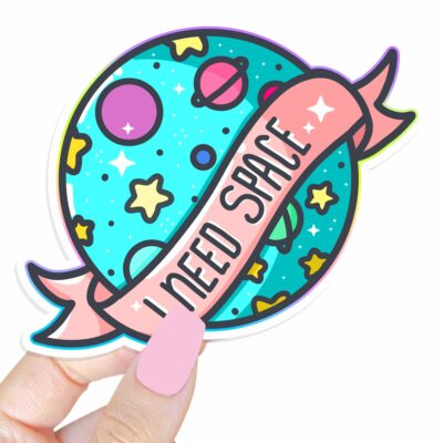 This image shows an hand-drawn adorable sticker, I Need Space Sticker, which is available to purchase from HunnieByte.com