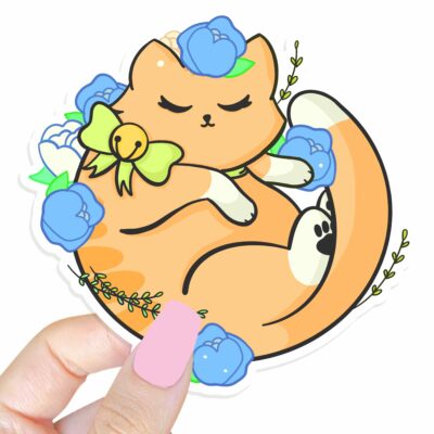 This image shows an hand-drawn adorable sticker, Floral Orange Kitty Sticker, which is available to purchase from HunnieByte.com