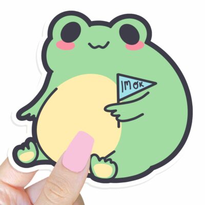 This image shows an hand-drawn adorable sticker, Im OK Frog Sticker, which is available to purchase from HunnieByte.com