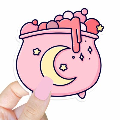 This image shows an hand-drawn adorable sticker, Pretty Pink Cauldron Sticker, which is available to purchase from HunnieByte.com