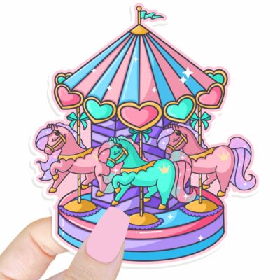 This image shows an hand-drawn adorable sticker, Pastel Carousel Sticker, which is available to purchase from HunnieByte.com