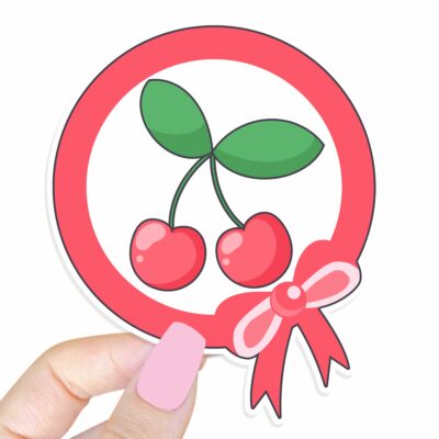 This image shows an hand-drawn adorable sticker, Pink Cherry Bow Sticker, which is available to purchase from HunnieByte.com