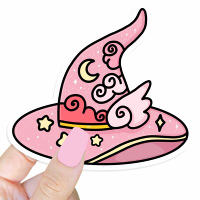 This image shows an hand-drawn adorable sticker, Pretty Pink Magical Hat Sticker, which is available to purchase from HunnieByte.com