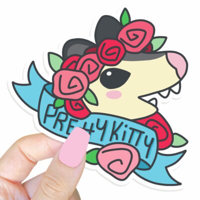 This image shows an hand-drawn adorable sticker, Pretty Kitty Possum Sticker, which is available to purchase from HunnieByte.com