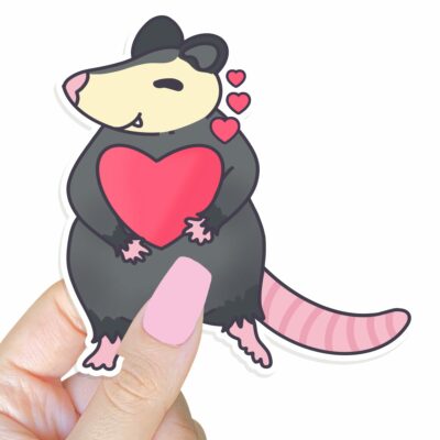 This image shows an hand-drawn adorable sticker, Sweet Possum Love Sticker, which is available to purchase from HunnieByte.com