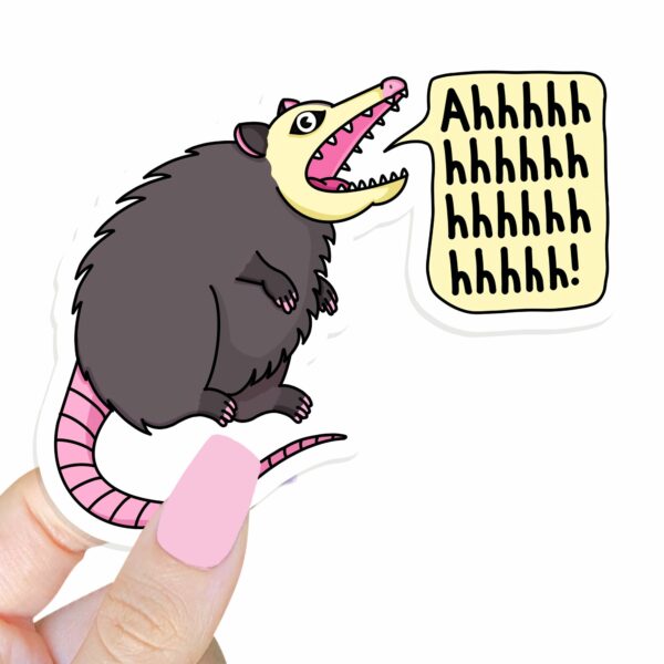 This image shows an hand-drawn adorable sticker, Ahhhh Possum Sticker, which is available to purchase from HunnieByte.com