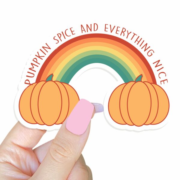 This image shows an hand-drawn adorable sticker, Pumpkin Spice Rainbow Sticker, which is available to purchase from HunnieByte.com