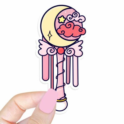 This image shows an hand-drawn adorable sticker, Pretty Pink Magical Wand Sticker, which is available to purchase from HunnieByte.com