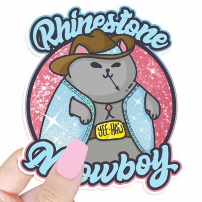 This image shows an hand-drawn adorable sticker, Rhinestone Meowboy Sticker, which is available to purchase from HunnieByte.com