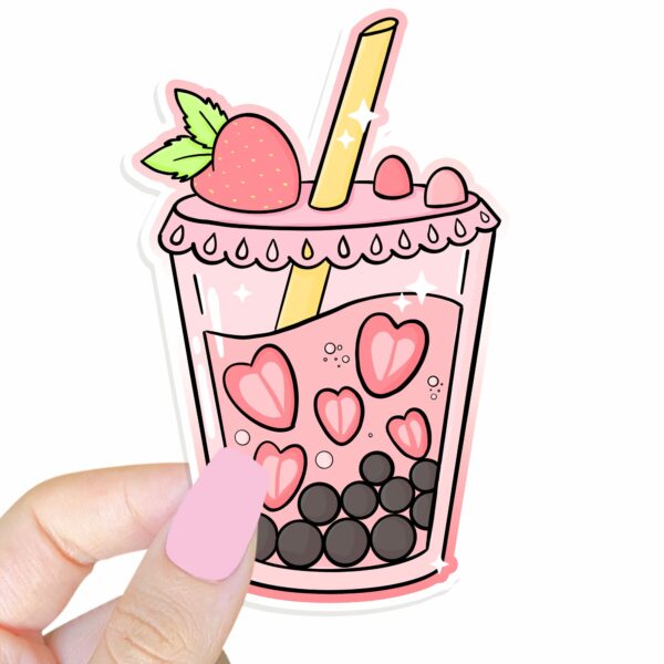 This image shows an hand-drawn adorable sticker, Strawberry Boba Sticker, which is available to purchase from HunnieByte.com