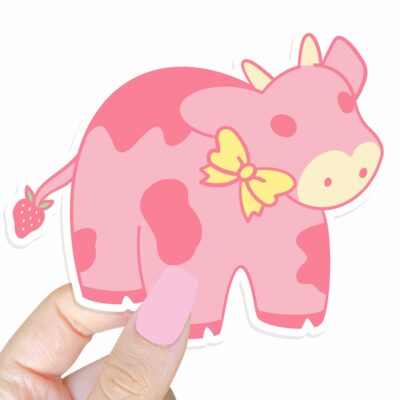 This image shows an hand-drawn adorable sticker, Strawberry Cow Sticker, which is available to purchase from HunnieByte.com