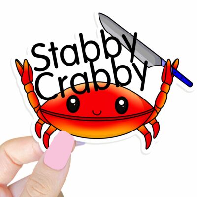 This image shows our adorable sticker finishes, Stabby Crabby Sticker, which is available to purchase from HunnieByte.com