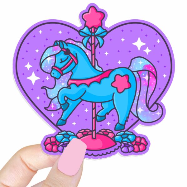 This image shows an hand-drawn adorable sticker, Carousel Horse Twinkle Star Sticker, which is available to purchase from HunnieByte.com