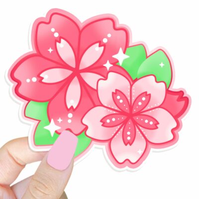 This image shows an hand-drawn adorable sticker, Double Sakura Flower Sticker, which is available to purchase from HunnieByte.com