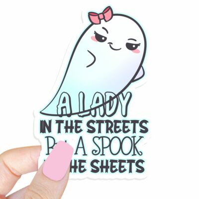 This image shows our adorable sticker finishes, Spook In The Sheets Sticker, which is available to purchase from HunnieByte.com