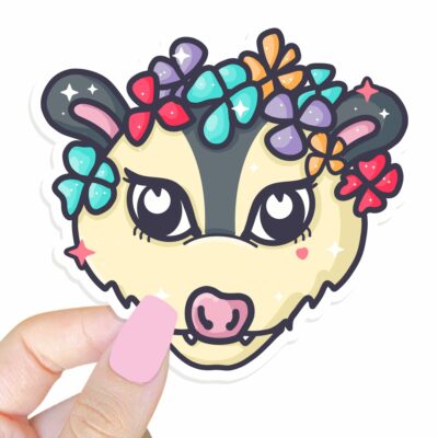 This image shows an hand-drawn adorable sticker, Spring Possum Sticker, which is available to purchase from HunnieByte.com