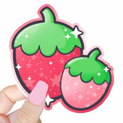 This image shows an hand-drawn adorable sticker, Sparkle Strawberries Sticker, which is available to purchase from HunnieByte.com