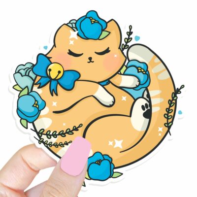 This image shows an hand-drawn adorable sticker, Floral Tabby Kitty Sticker, which is available to purchase from HunnieByte.com